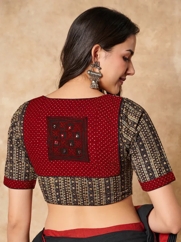 Beige hand block printed ajrakh cotton ready made blouse