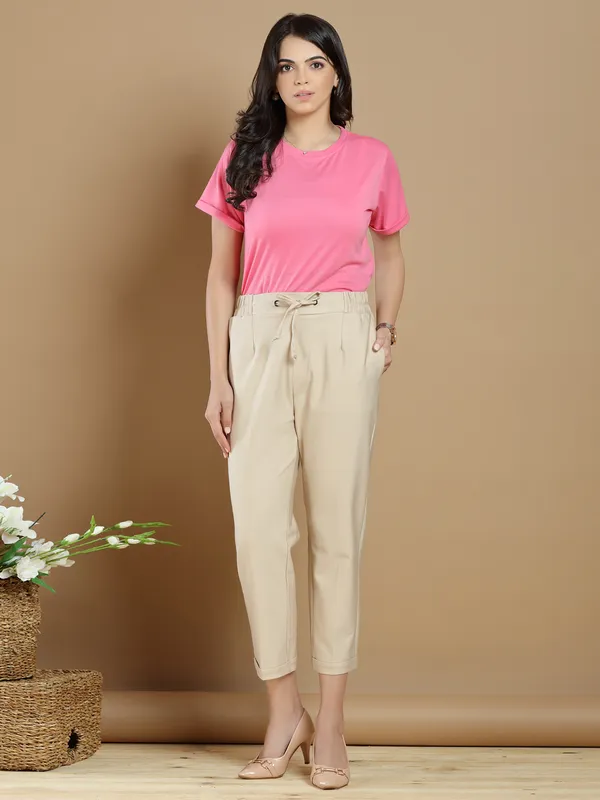 Beige hued pleasant cotton casual plain pant