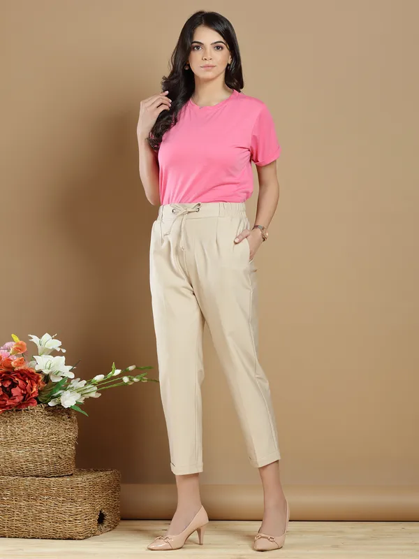 Beige hued pleasant cotton casual plain pant