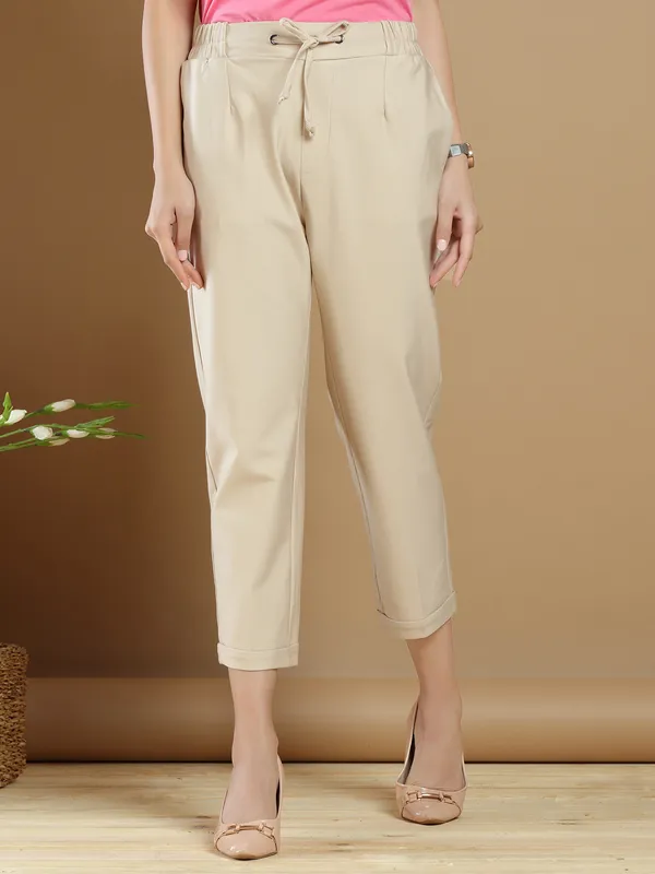 Beige hued pleasant cotton casual plain pant
