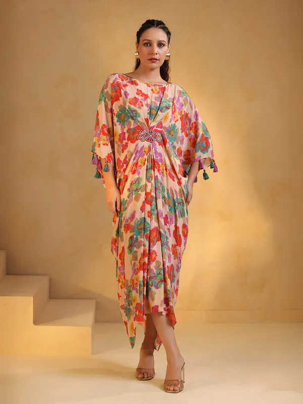 Beige indowestern silk printed kurti