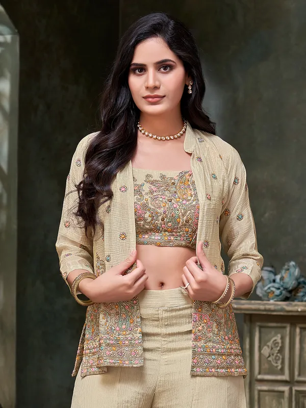 Beige jacket style palazzo suit for women