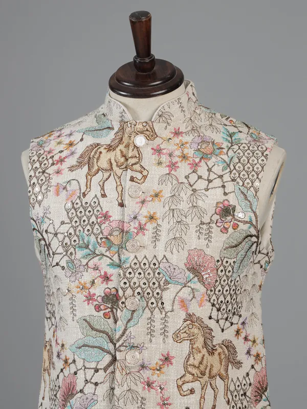 Beige jute waistcoat with thread work