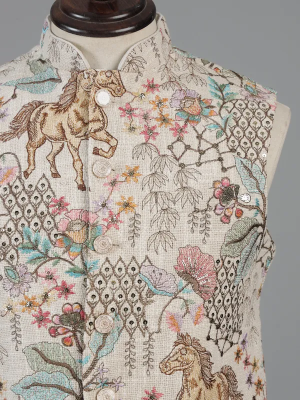 Beige jute waistcoat with thread work
