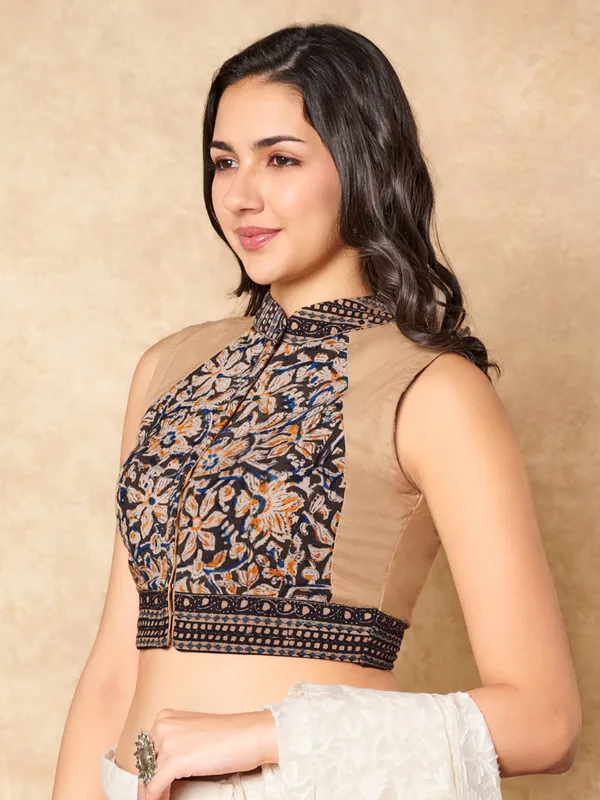 Beige kalamkari cotton stand collar ready made blouse