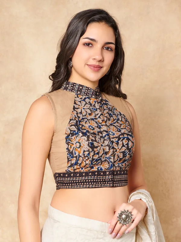 Beige kalamkari cotton stand collar ready made blouse