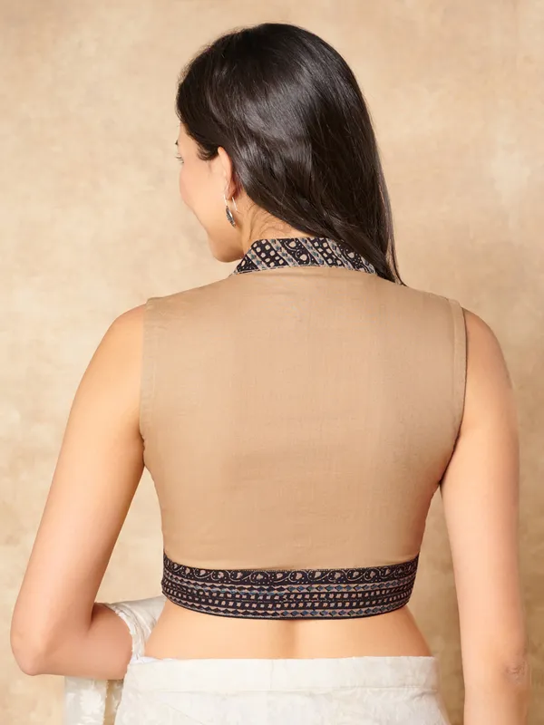 Beige kalamkari cotton stand collar ready made blouse