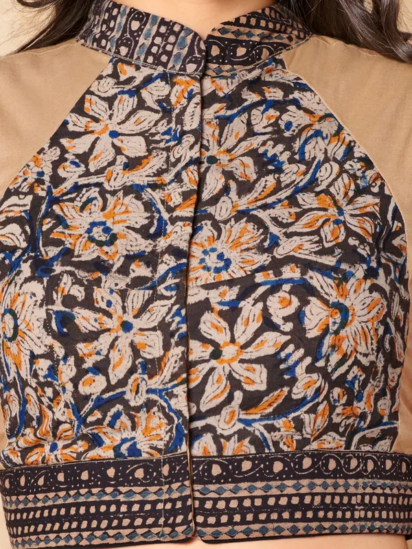 Beige kalamkari cotton stand collar ready made blouse