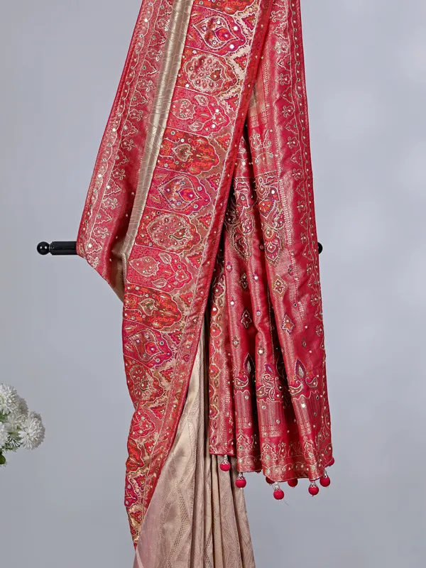 Beige kanjivaram silk wedding wear saree for women