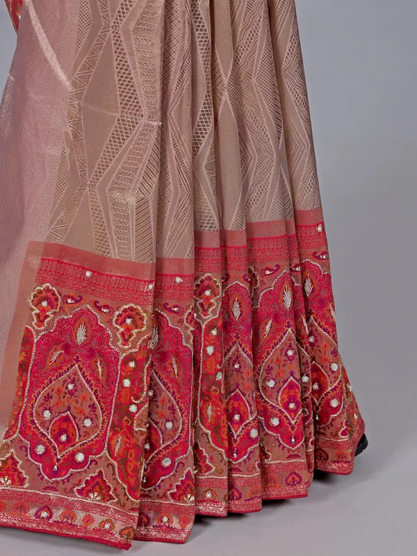 Beige kanjivaram silk wedding wear saree for women