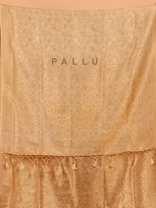 Beige kanjivaram silk zari weaving saree for festive
