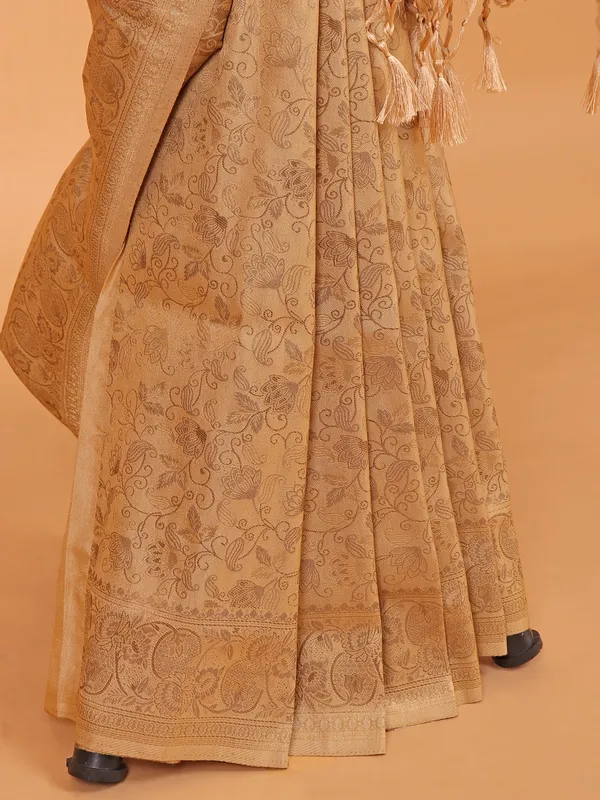 Beige kanjivaram silk zari weaving saree for festive