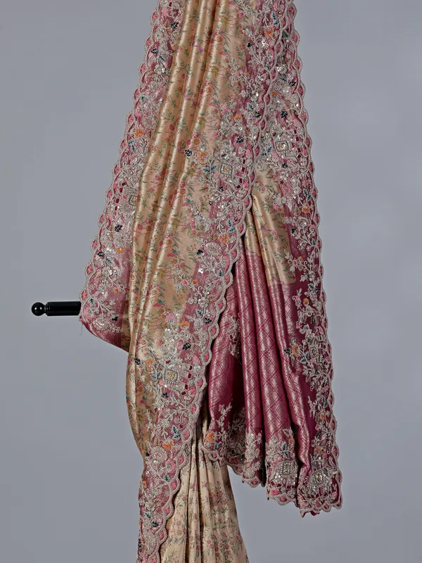 Beige kanjivaram with colorful motifs saree