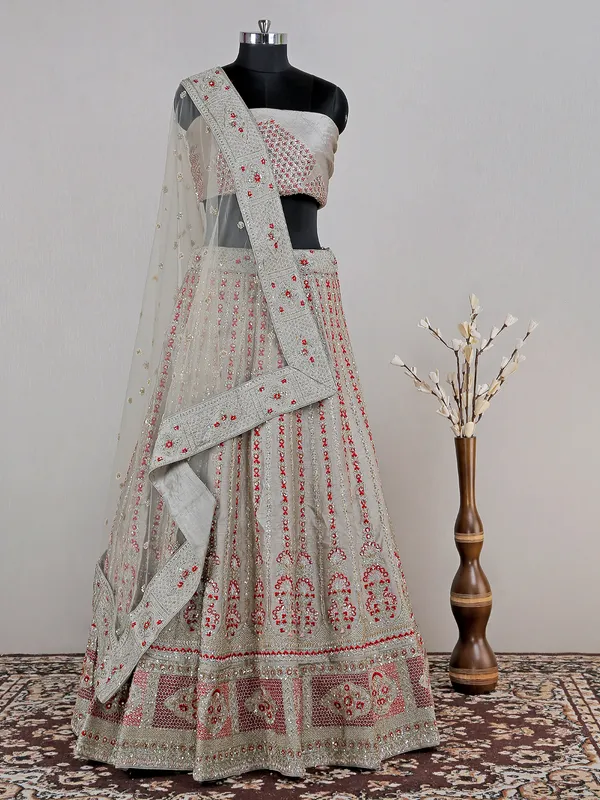 Beige lehenga choli for bridal look in raw silk