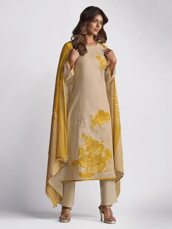 Beige linen cotton printed salwar suit