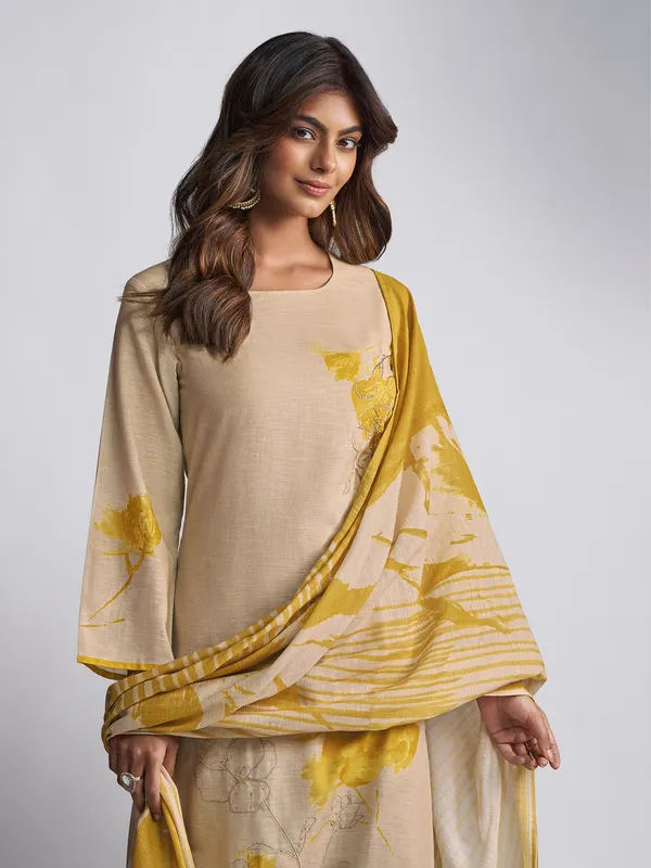 Beige linen cotton printed salwar suit