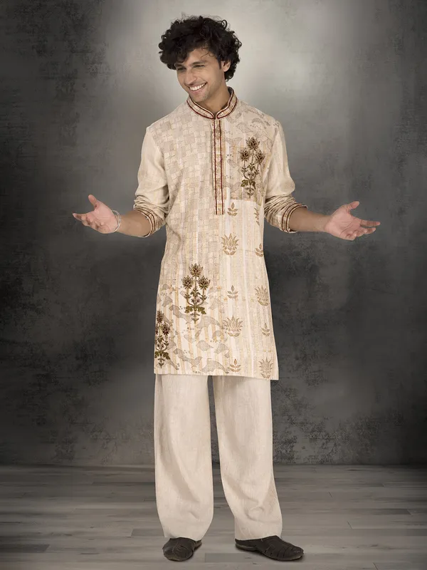 Beige linen cotton printed thread and cutdana kurta suit