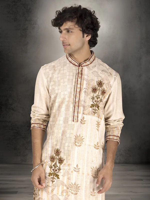 Beige linen cotton printed thread and cutdana kurta suit