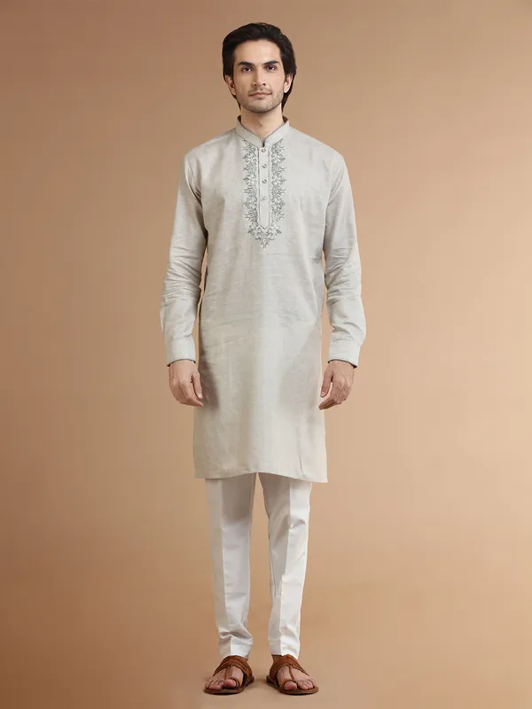 Beige linen festive kurta suit