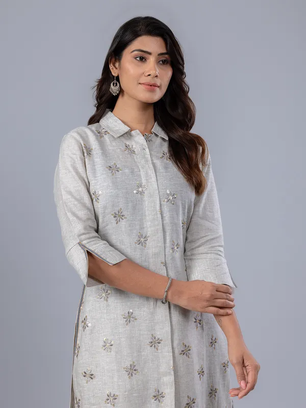 Beige linen festive wear kurti set for women