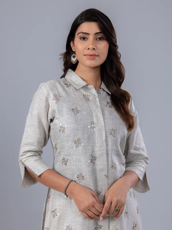 Beige linen festive wear kurti set for women