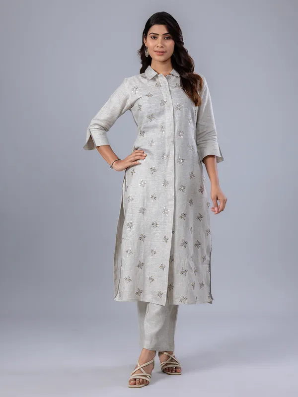 Beige linen festive wear kurti set for women