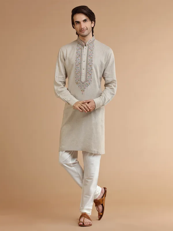 Beige linen Kurta Set for Men