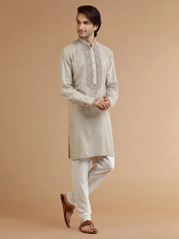 Beige linen kurta suit for men