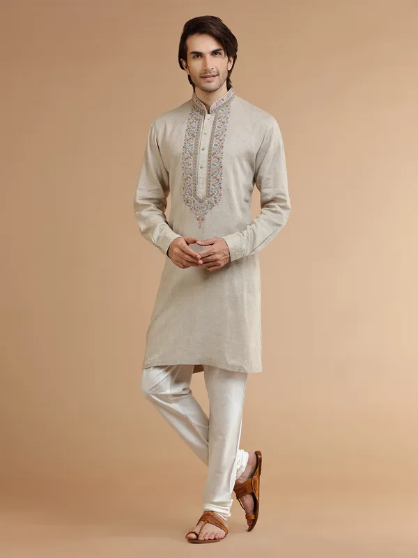 Beige linen kurta suit for men