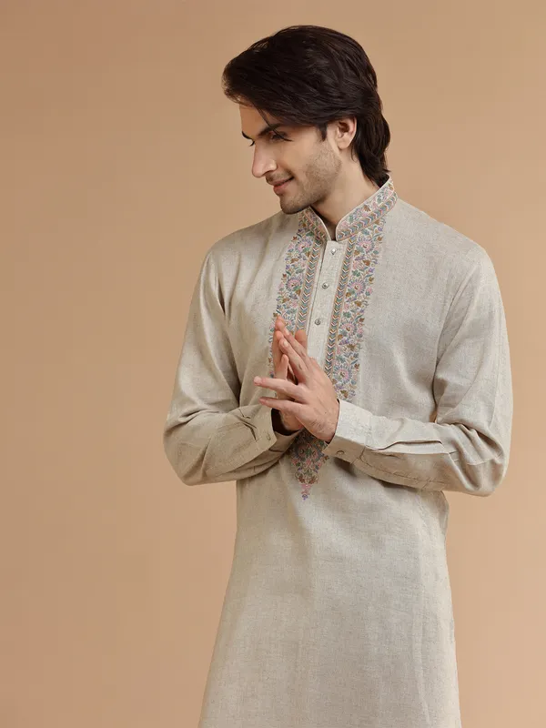 Beige linen Kurta Set for Men