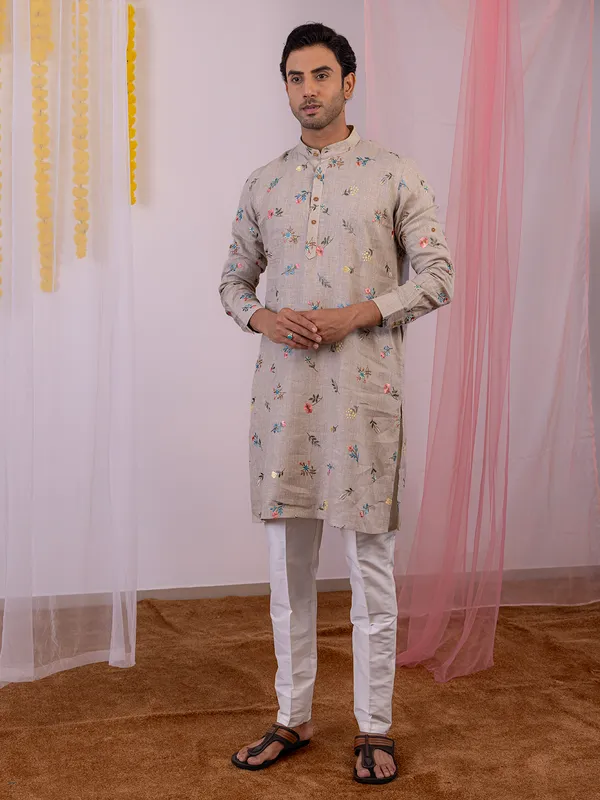 Beige linen kurta with embroidery