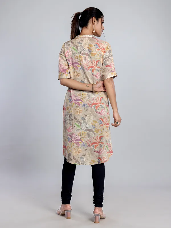 Beige linen printed women kurti