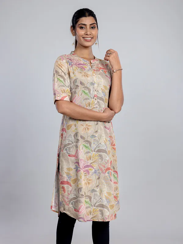 Beige linen printed women kurti