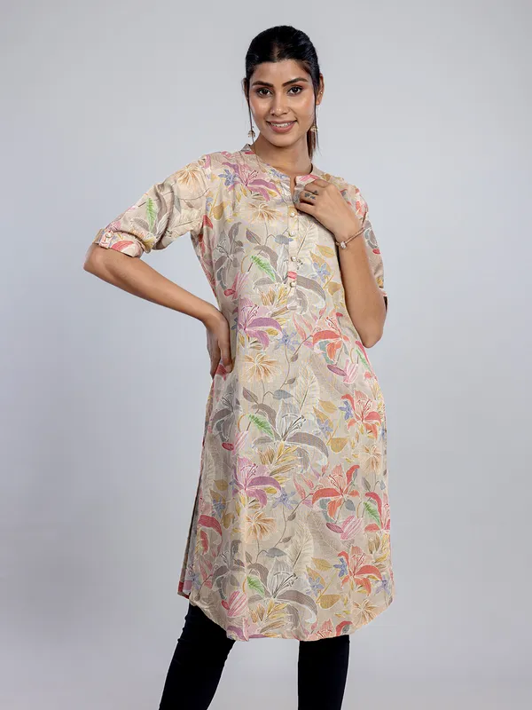 Beige linen printed women kurti