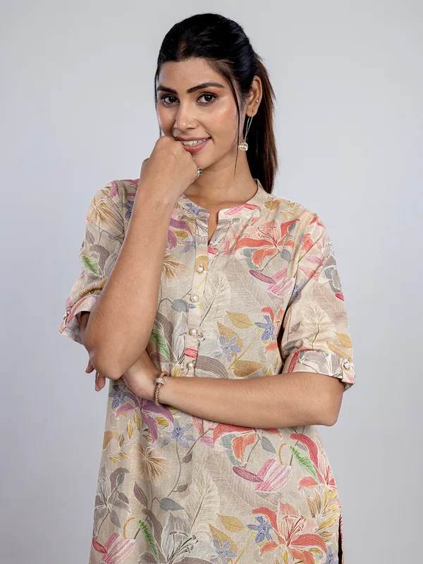 Beige linen printed women kurti