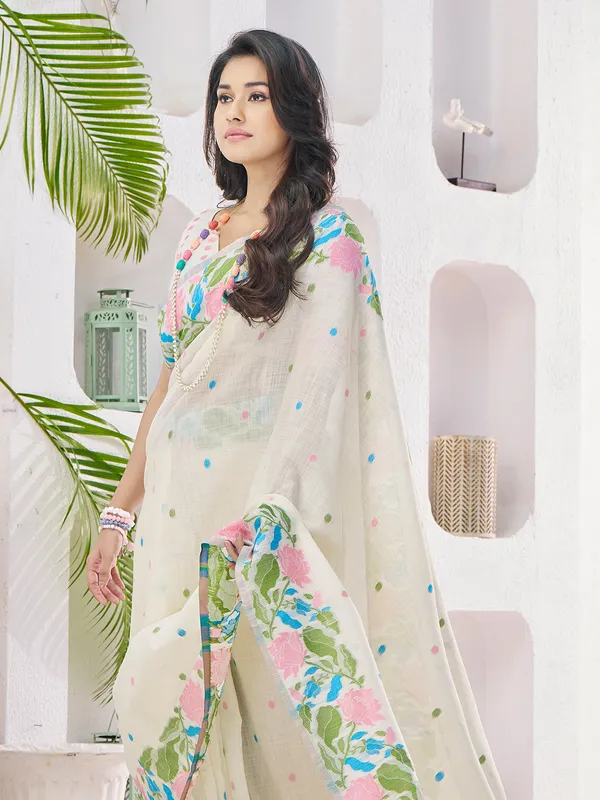 Beige linen thread work saree