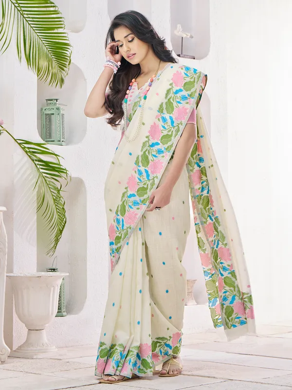 Beige linen thread work saree
