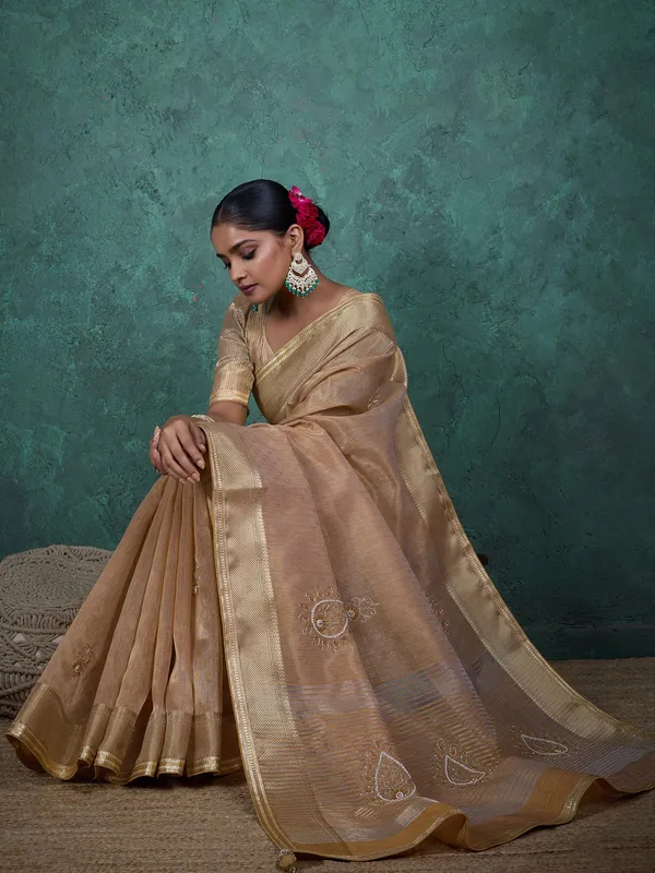 Beige linen tissue silk saree