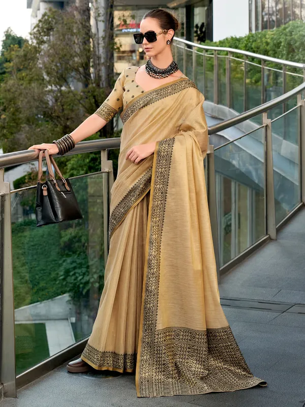 Beige linen tissue silk saree with print