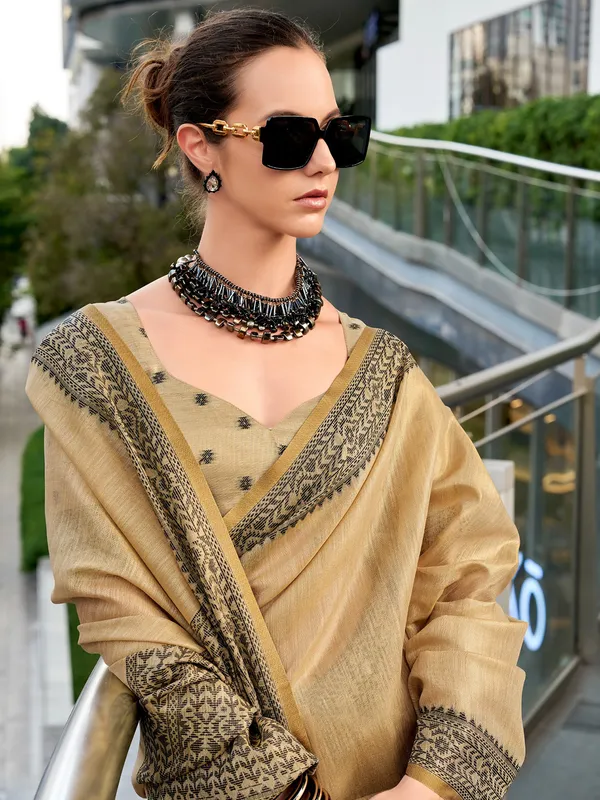 Beige linen tissue silk saree with print
