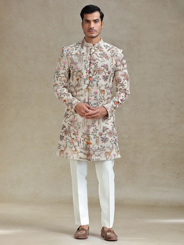 Beige jute fabricated long indo western set