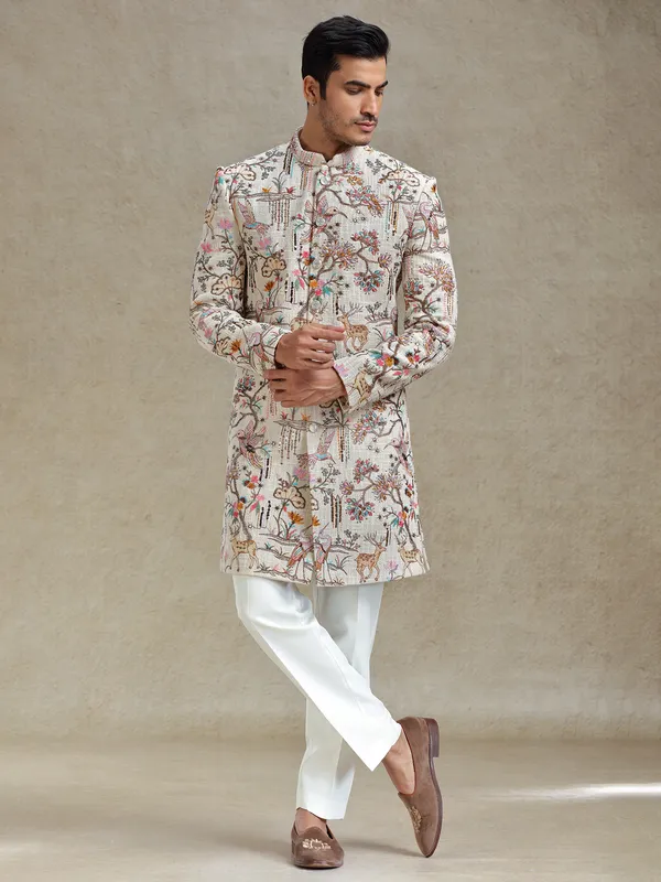 Beige jute fabricated long indo western set