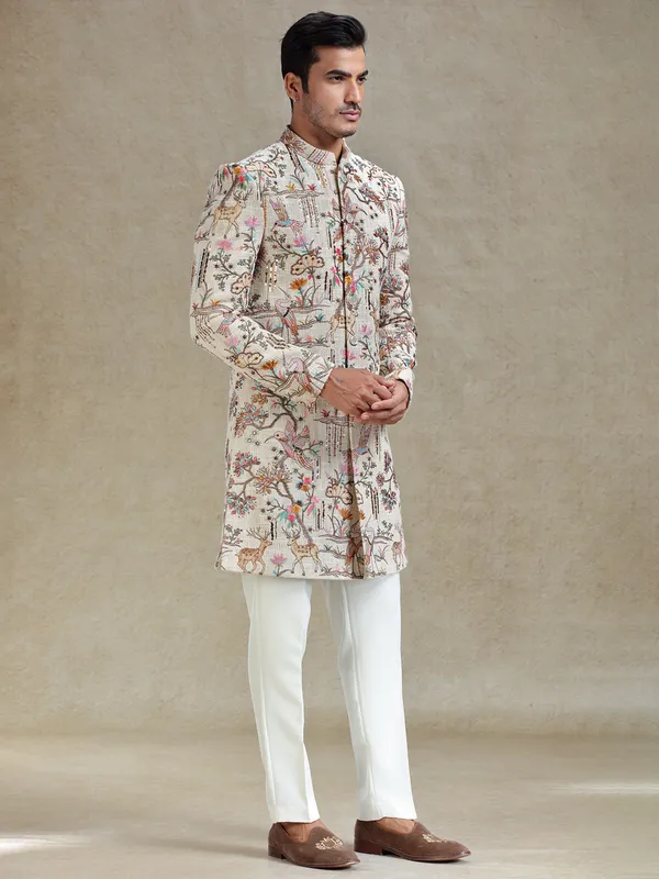 Beige jute fabricated long indo western set