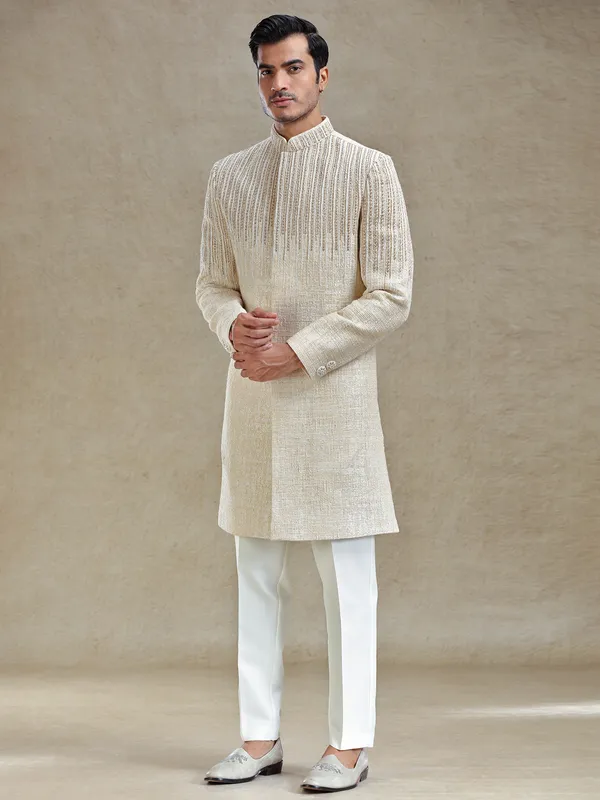 Beige textured long indo western set