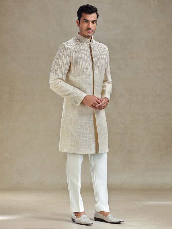 Beige textured long indo western set