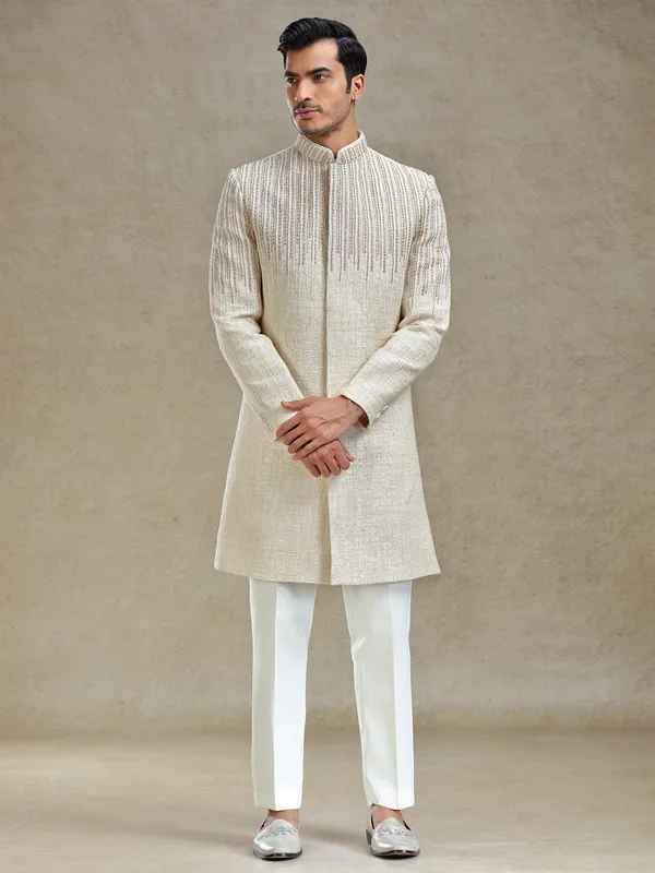 Beige textured long indo western set