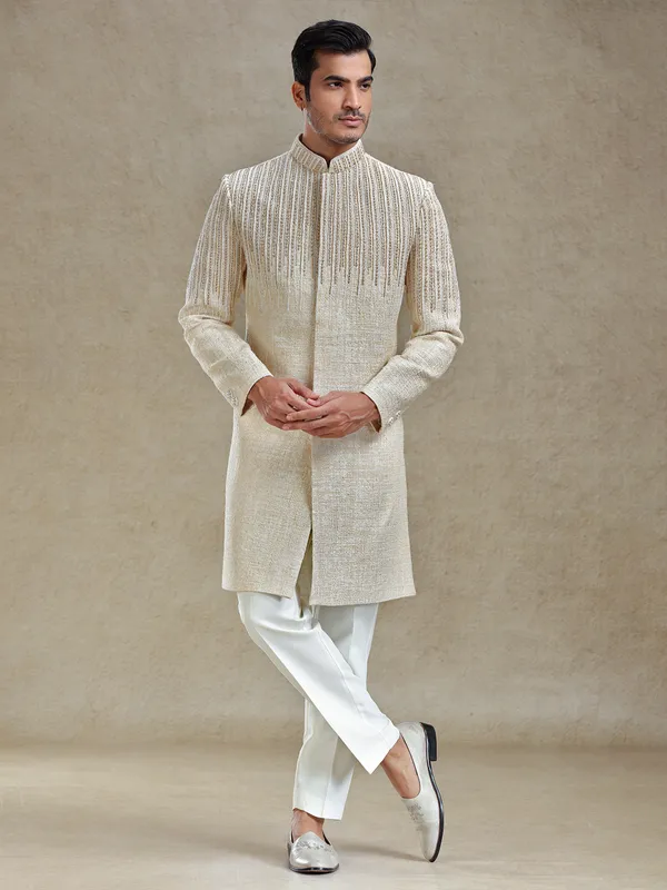 Beige textured long indo western set