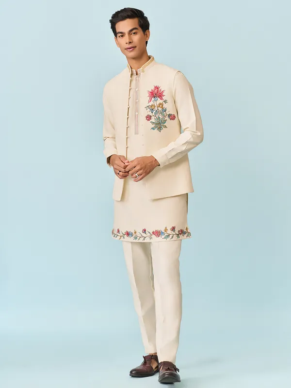 Beige lotus blossam hand printed mens waistcoat set