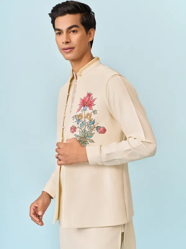 Beige lotus blossam hand printed mens waistcoat set