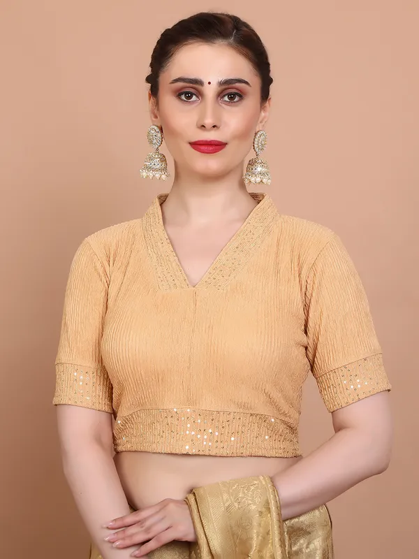 Beige lycra strechable V neck ready made blouse